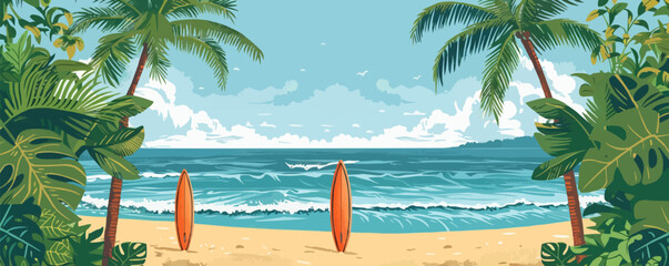 Wall Mural - Tropical beach scene with surfboards and palm trees Vector flat minimalistic isolated illustration