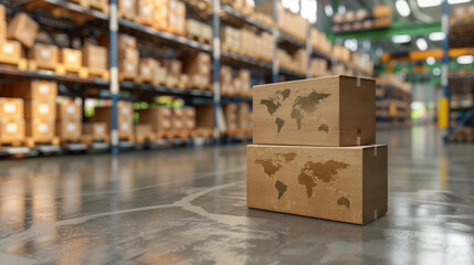 Poster - Two cardboard boxes with a world map on them are sitting on a warehouse floor. The boxes are stacked on top of each other, and the map is visible on both boxes. Concept of global connection