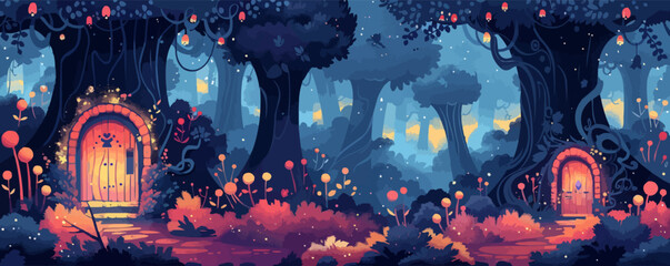 Wall Mural - A whimsical fairy tale forest with towering trees and hidden fairy doors. Vector flat minimalistic isolated