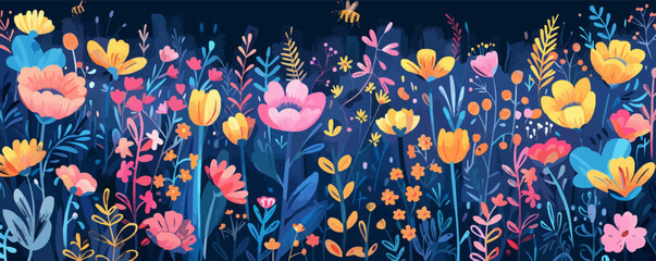 Wall Mural - A whimsical enchanted garden with blooming flowers and buzzing bees. Vector flat minimalistic isolated