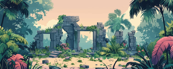 Wall Mural - Ancient temple ruins in a jungle Vector flat minimalistic isolated illustration