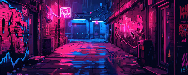 Poster - Cyberpunk alleyway with graffiti and neon signs Vector flat minimalistic isolated