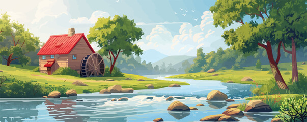 Wall Mural - Rustic water wheel in river Vector flat minimalistic isolated illustration