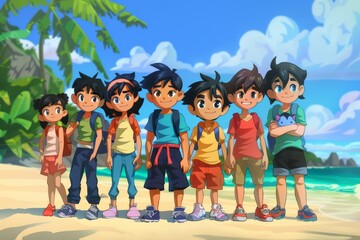 Poster - Group of boys and girls standing on the beach. Vector illustration.