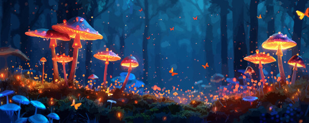 Wall Mural - A mystical fairy ring with glowing mushrooms and dancing fireflies. Vector flat minimalistic isolated