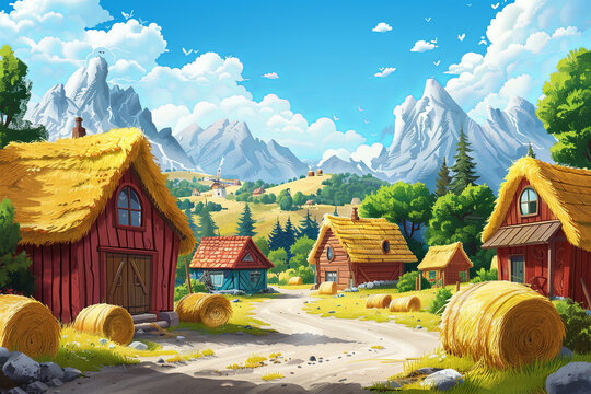 Farm village themed cartoon barn childern book cover background design featuring charming straw bales and hay piles, capturing the rustic essence of countryside life