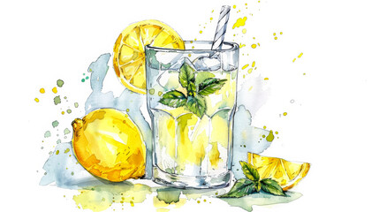 Sticker - Watercolor Illustration of Refreshing Lemonade with Lemon Slice and Mint on White Background