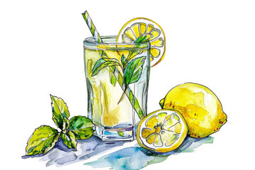 Sticker - Refreshing Lemonade with Lemon Slice and Mint Sprig   Cute Ink Watercolor Illustration on White Background