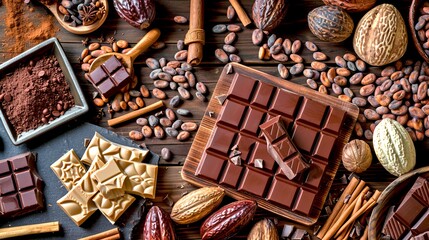 Poster - Assorted chocolate bars and cocoa beans on wooden table. High-quality image for food blogs, cooking websites, and confectionery advertising. Perfect for illustrating chocolate's delicious appeal. AI