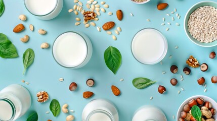 Poster - Flat lay of various plant-based milk alternatives in glass jars surrounded by nuts, grains, and green leaves over light blue background. Perfect for healthy diet, vegan products, and food blogs. AI