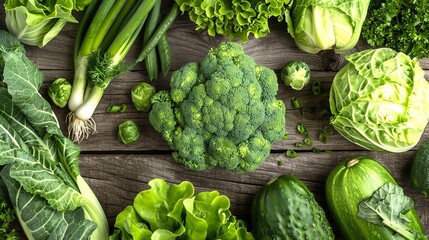Fresh green vegetables on rustic wooden table. Image of assorted leafy greens perfect for healthy food concept. Top view with natural light. Ideal for nutrition and wellness themes. AI