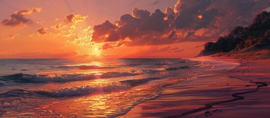 Wall Mural - Captivating Beach Sunset Scene with a Blend of Sun, Sea, and Nature Elements.