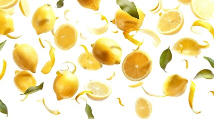 Wall Mural - Fresh lemons and slices scattered on white background. Bright and vibrant citrus fruit still life. High-quality, colorful imagery for food blogs, advertisements, or kitchen decor. AI