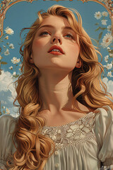 Wall Mural - art nouveau poster with a border in the style of alphonse mucha, upper body of a woman with long flowing blonde hair, background is light blue sky and white clouds, white flowers all around 