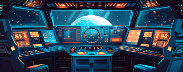 Wall Mural - Sci-fi spacecraft cockpit with futuristic controls and screens Vector flat minimalistic isolated illustration