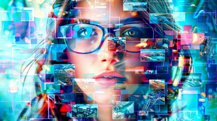 Aufkleber - Close up of a woman's face with digital data overlay in vivid colors. Represents technology, data analysis, and future trends. Futuristic style with a focus on digital innovation and connectivity. AI