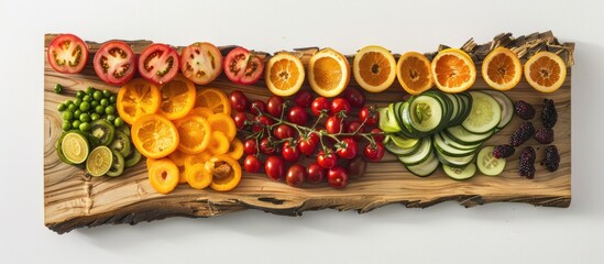 Wall Mural - Serving sliced vegetables on a wooden board against a white backdrop creates a striking presentation.
