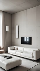 High end modern living room with white leather couch and a large flat screen tv mounted on the wall, brutalist architecture mixed with modern futuristic minimal design