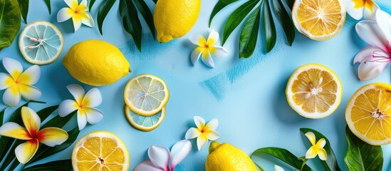 Sticker - Vibrant yellow lemons and exotic flowers arranged on a serene blue backdrop in a creative flat lay, conveying a delightful food concept.