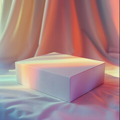 Wall Mural - A white rectangle box rests on a bed beside a pink curtain