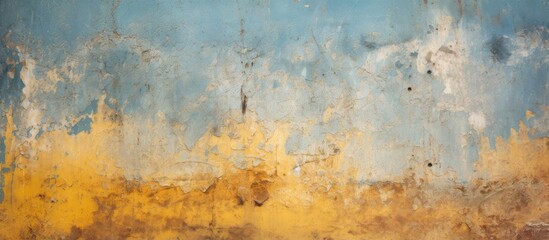 Poster - Ancient mural-like fresco background featuring yellow and blue peeled paint on an old wall, resembling a copy space image.