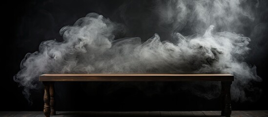 Wall Mural - Wooden table with smoke rising against dark backdrop, ideal for displaying products, with empty copy space image.