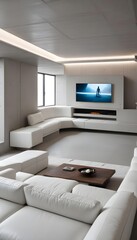 High end modern living room with white leather couch and a large flat screen tv mounted on the wall, brutalist architecture mixed with modern futuristic minimal design