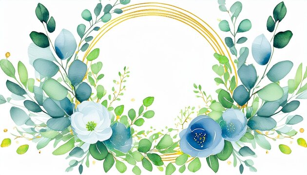 watercolor wreath green floral with eucalyptus greenery leaves on golden frame baby nursery decor greenery baby shower wedding card greenery invintation card