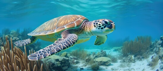 Poster - Adult green sea turtle swimming over a shallow coral reef and sea grass bed in the turquoise ocean waters of Smith's Reef near Providenciales, Turks and Caicos Islands, with copy space image.