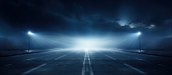 Poster - Illuminated by rays and spotlights, an empty dark scene features a blue light on an asphalt street with smoke, perfect for a copy space image.