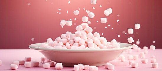 Fototapete - Delicate dessert of marshmallows falling on a pink background plate with copy space image.