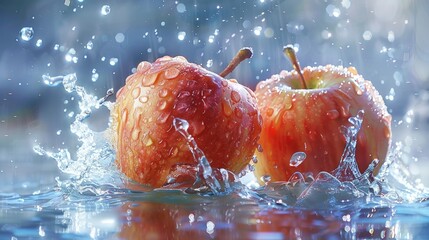 Refreshing Apple Splash. Close-up of a fresh apple splashed with water droplets, symbolizing freshness and vitality.
