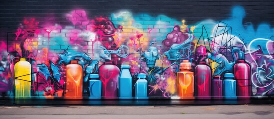 Aufkleber - Vivid spray bottles displayed alongside captivating street art, with a backdrop perfect for a copy space image.