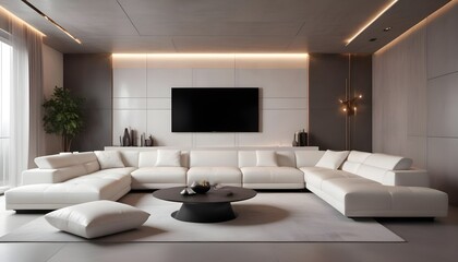 High end modern living room with white leather couch and a large flat screen tv mounted on the wall, brutalist architecture mixed with modern futuristic minimal design