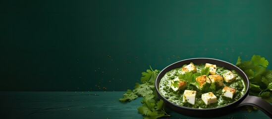 Palak paneer dish floating in a small pan on a green background with copy space image.