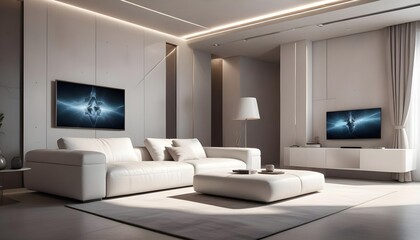 High end modern living room with white leather couch and a large flat screen tv mounted on the wall, brutalist architecture mixed with modern futuristic minimal design