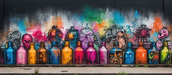 Aufkleber - Vivid spray bottles displayed alongside captivating street art, with a backdrop perfect for a copy space image.