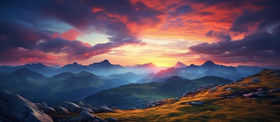 Stunning mountain scenery with a vibrant sunset against a cloudy sky, perfect for travel promotions in a beautiful world, with copy space image.