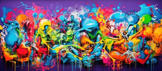 Wall Mural - Colorful street art graffiti on an old plaster wall fragment. It showcases youth culture with vibrant yellow, green, purple, and light blue colors, perfect for a copy space image.