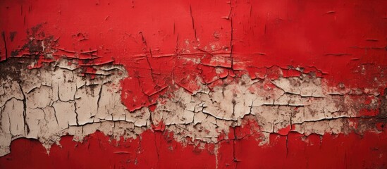Poster - An aged, textured red poster was forcefully torn off a street wall, leaving behind a ripped paper texture in the copy space image.