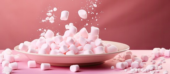 Fototapete - Delicate dessert of marshmallows falling on a pink background plate with copy space image.