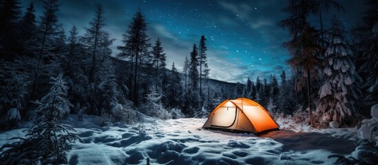 Aufkleber - Ecotourism in winter with a tent under the night sky in a forest setting, captured in a stunning copy space image.