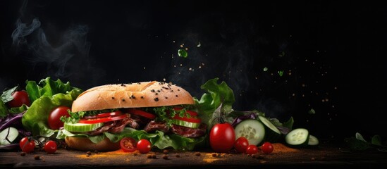 Wall Mural - Sandwich with a variety of fresh ingredients on a dark backdrop with space for text or other elements in the image. with copy space image. Place for adding text or design