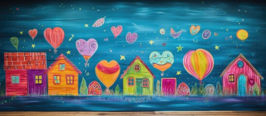 Poster - Colorful child's illustrations using chalk on a wooden backdrop with space for text or images. with copy space image. Place for adding text or design