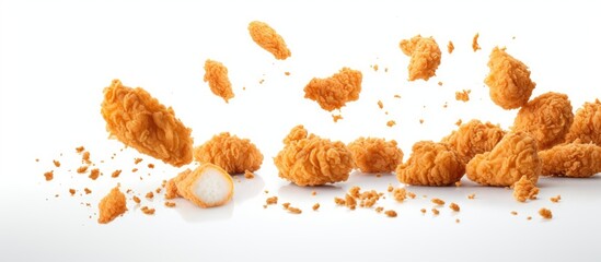 Poster - Popcorn chicken falling with copy space image on white background.