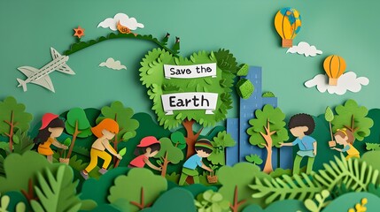 Wall Mural - Children Planting Trees to Save the Earth in Paper Cut Style