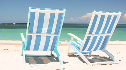 Two beach chairs with blue and white stripes are sitting on the sand. The chairs are facing the ocean, and the sky is clear and blue. Concept of relaxation and leisure