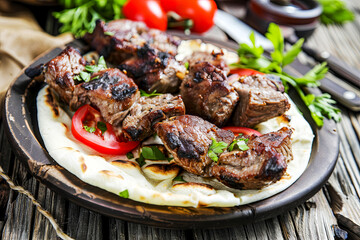 Kebab on pita bread with vegetables and herbs, delicious meat baked on coals served on the table, close-up on juicy meat, popular barbecue dish