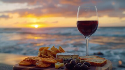 Poster - A glass of a wine and cheese platter on the beach, AI