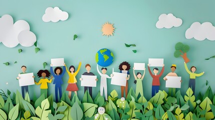 Diverse Group Holding Banners Promoting Ozone Layer Protection in Minimal Paper Cut Style